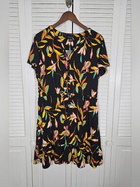 Robert Louis Black Floral Button-Front Tie-Waist Mini Drawstring Waist Dress XL